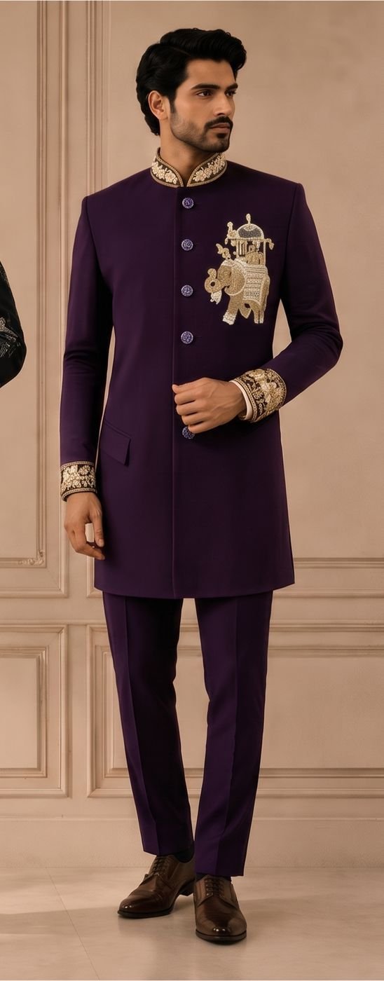 Purple Jodhpuri with hand-embroidered elephant motif