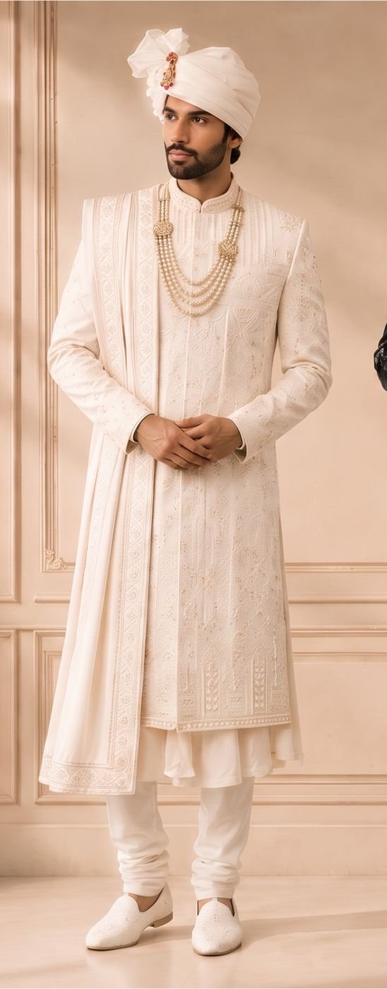 Ivory groom’s sherwani with layered pearls
