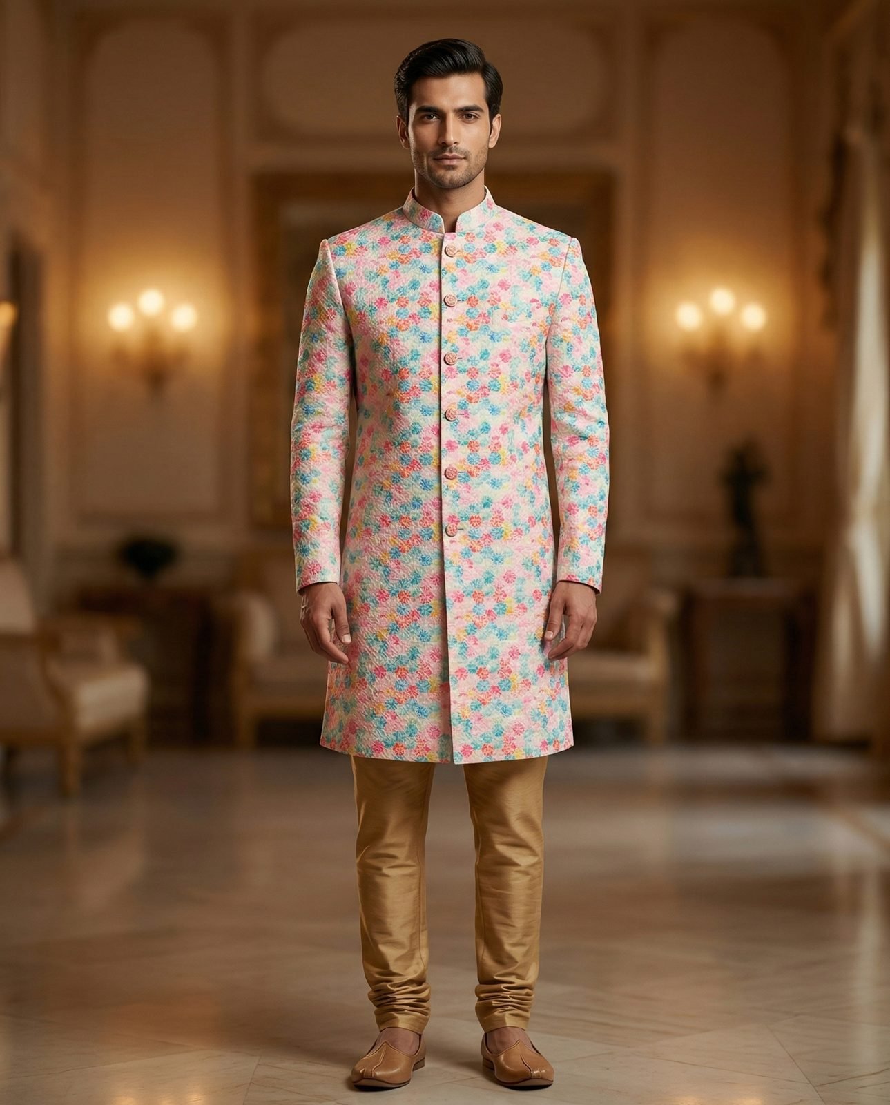 Embellished sherwani front, in detail
