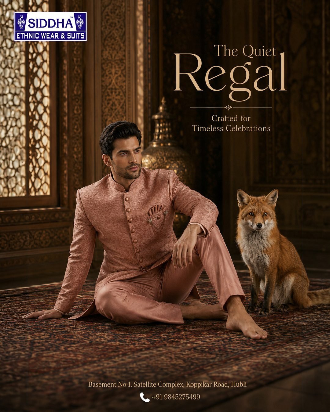 Sherwani with hand embroidery, seated portrait