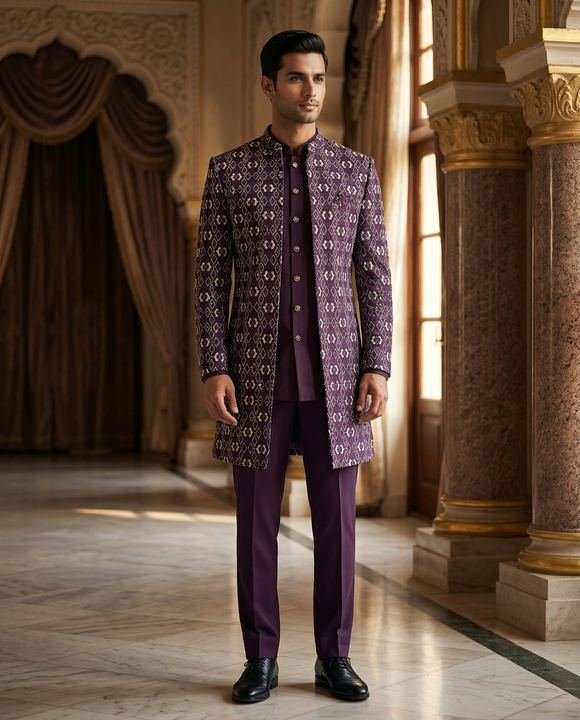 Navy textured bandhgala — Sherwanis